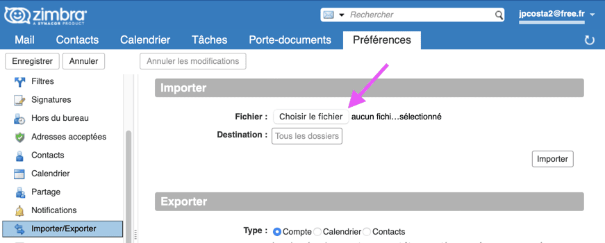 import de vCards dans Zimbra free